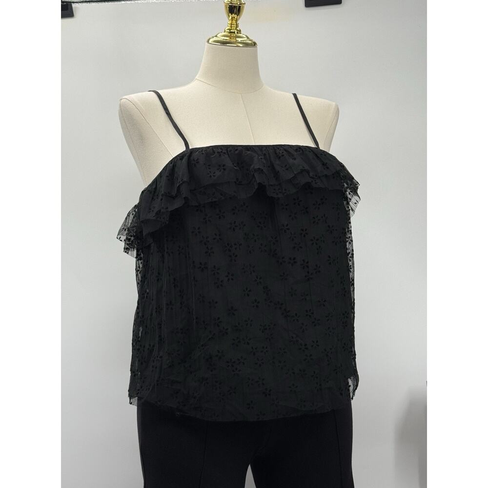 J Crew Black Sheer Ruffle Camisole Top Floral Mesh Size L
